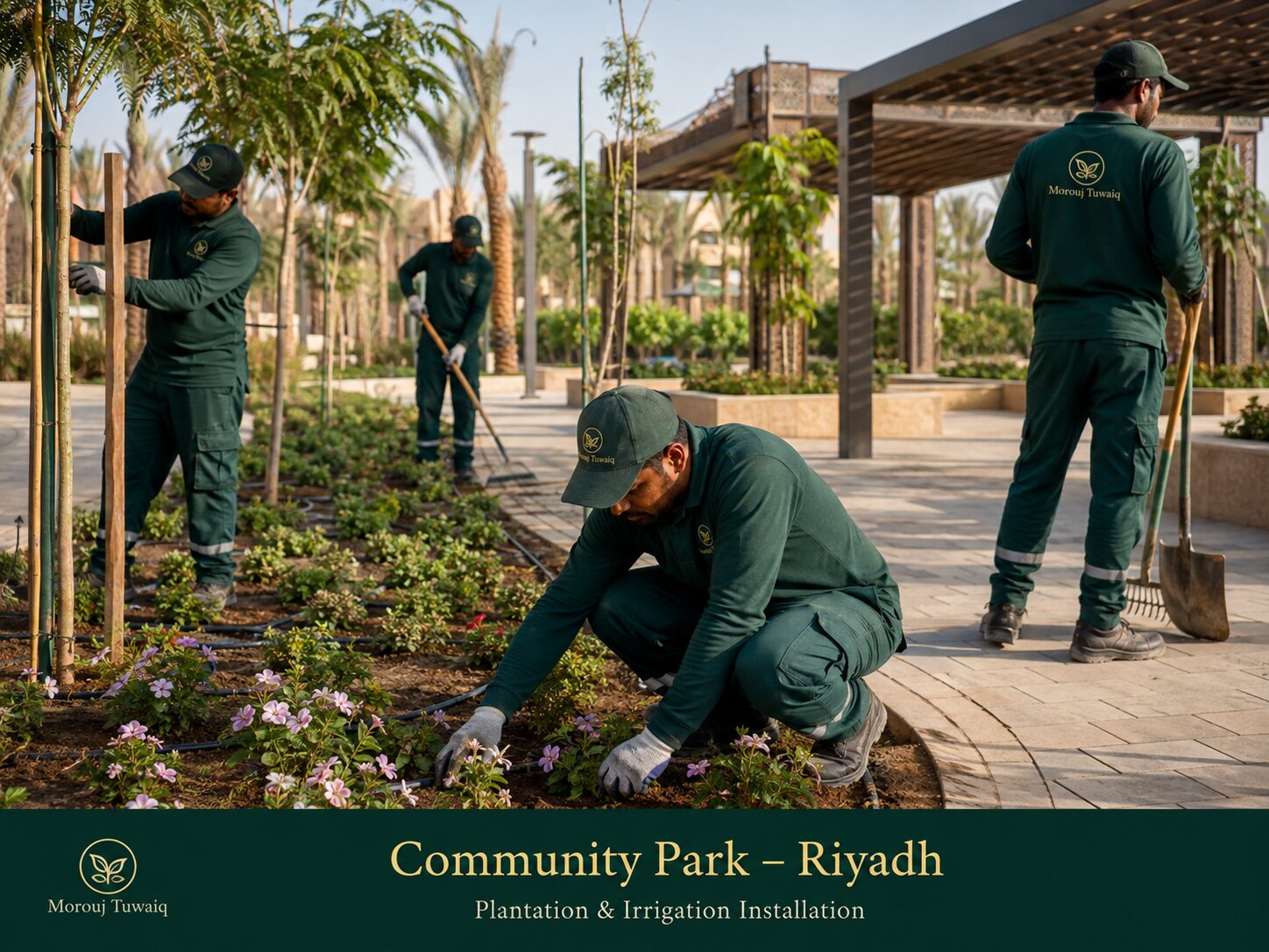 Morouj Tuwaiq landscaping team working in a Riyadh community park
